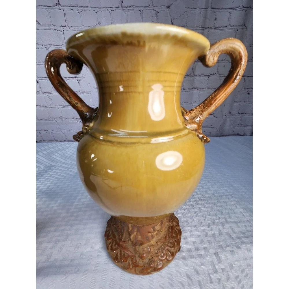 Lg Tuscan Style Ceramic Vase Set Brown Drip Glaze Rustic Bookshelf Mantlw Decor